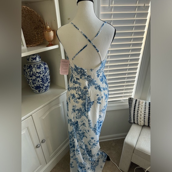 SOFT COWL-NECK A-LINE MAXI DRESS W/ ADJUSTABLE STRAPS IN COTTAGE ROSE DUSK BLUE - Picture 2 of 10